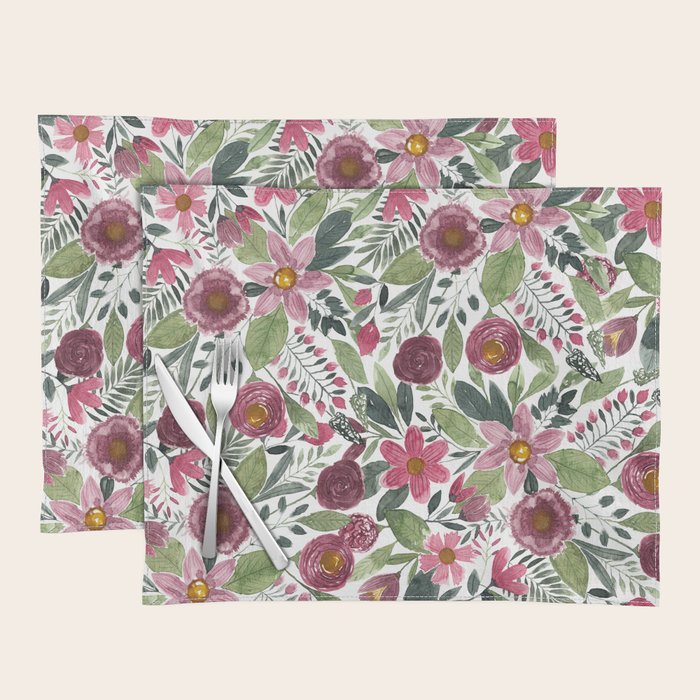 Mauve Pink Forest Green Watercolor Flowers Leaves Placemat Gallery Image 1