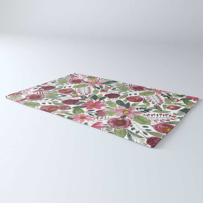 Mauve Pink Forest Green Watercolor Flowers Leaves Rug Gallery Image 3