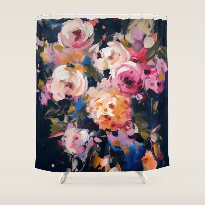 Splashes of Pink and Navy Flowery Art Shower Curtain Gallery Image 1