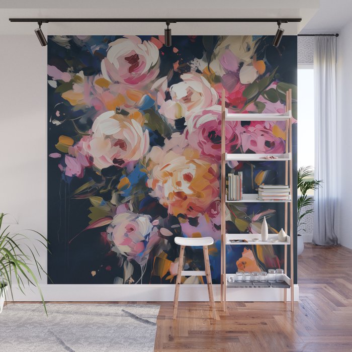 Splashes of Pink and Navy Flowery Art Wall Mural Gallery Image 1