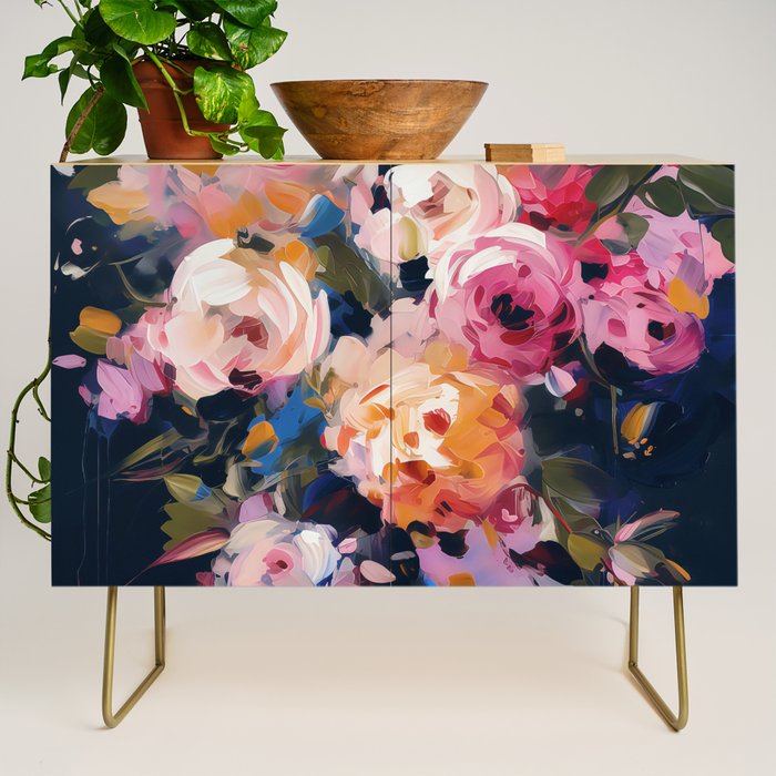 Splashes of Pink and Navy Flowery Art Credenza Gallery Image 1