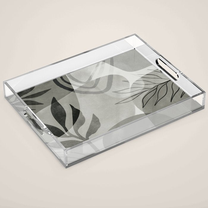 Abstract Botanical Mid Century Art Greenish Grey Acrylic Tray Gallery Image 1