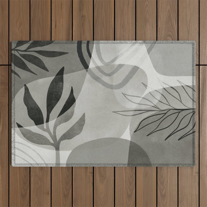 Abstract Botanical Mid Century Art Greenish Grey Outdoor Rug Gallery Image 1