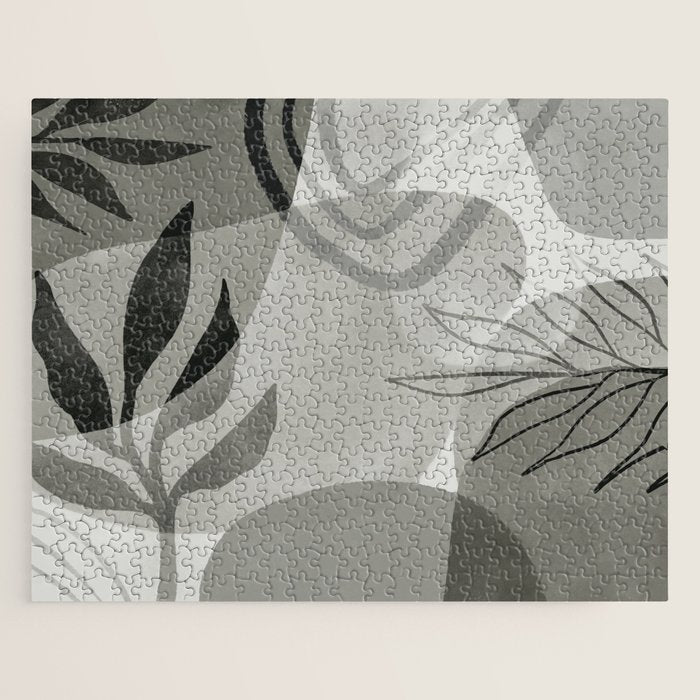 Abstract Botanical Mid Century Art Greenish Grey Jigsaw Puzzle Gallery Image 1