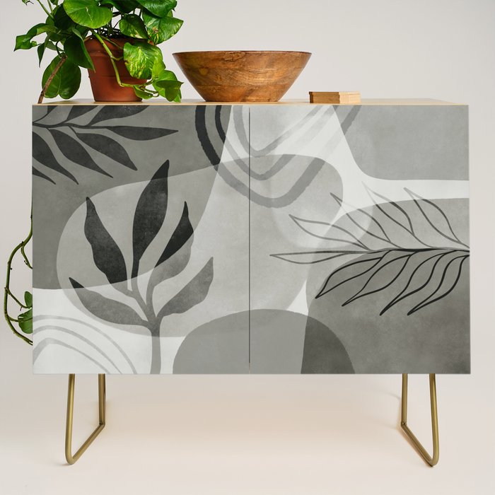 Abstract Botanical Mid Century Art Greenish Grey Credenza Gallery Image 1