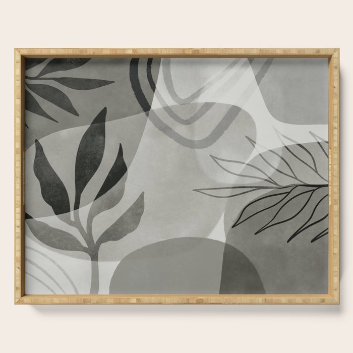 Abstract Botanical Mid Century Art Greenish Grey Serving Tray Gallery Image 1