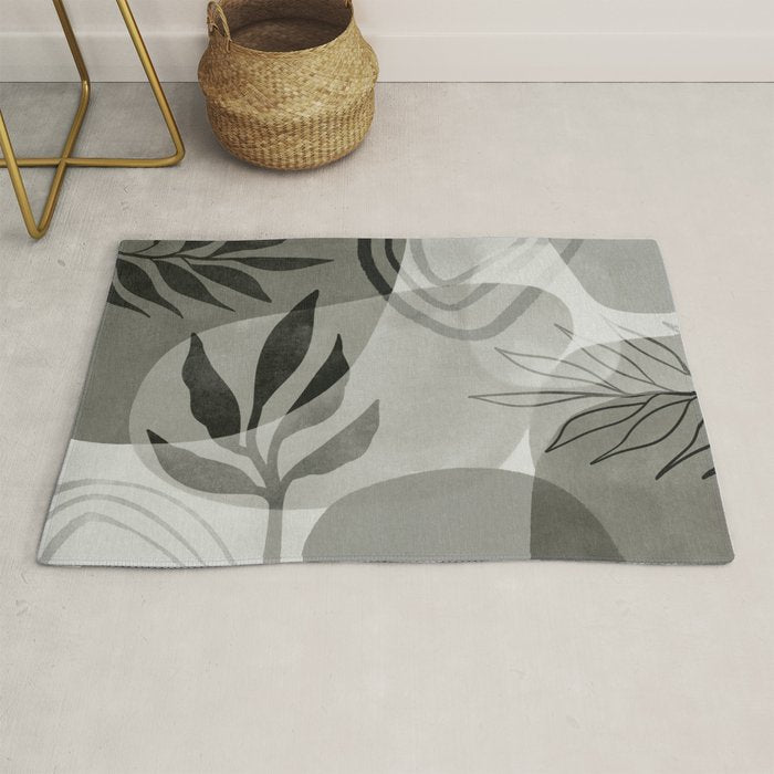 Abstract Botanical Mid Century Art Greenish Grey Rug Gallery Image 1