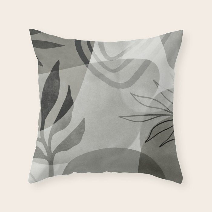 Abstract Botanical Mid Century Art Greenish Grey Throw Pillow Gallery Image 1