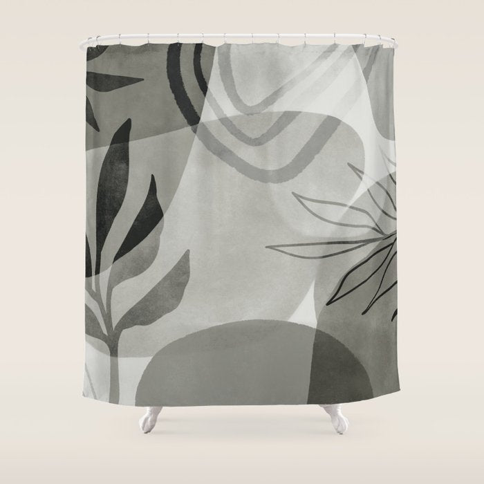 Abstract Botanical Mid Century Art Greenish Grey Shower Curtain Gallery Image 1
