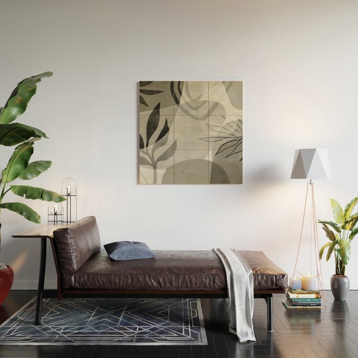 Abstract Botanical Mid Century Art Greenish Grey Wood Wall Art Gallery Image 2