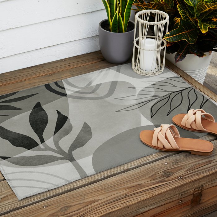 Abstract Botanical Mid Century Art Greenish Grey Outdoor Rug Gallery Image 2