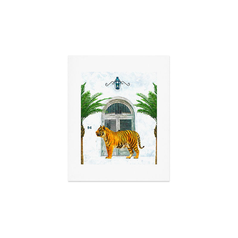 94 Tropical, Greece Architecture Buildings Tiger Wild Cat Watercolor Palm Travel Bohemian Painting Art Print Gallery Image 1