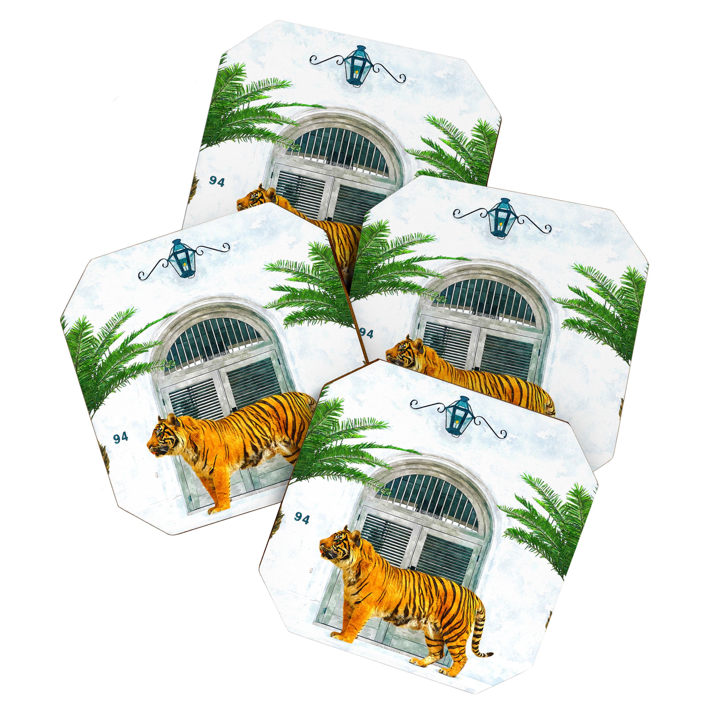 94 Tropical, Greece Architecture Buildings Tiger Wild Cat Watercolor Palm Travel Bohemian Painting Coaster Gallery Image 1