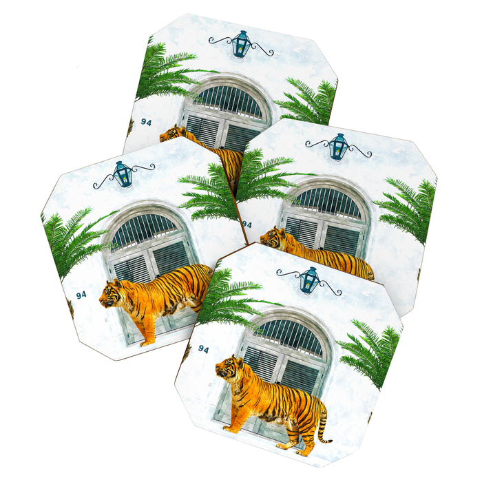 94 Tropical, Greece Architecture Buildings Tiger Wild Cat Watercolor Palm Travel Bohemian Painting Coaster Gallery Image 1