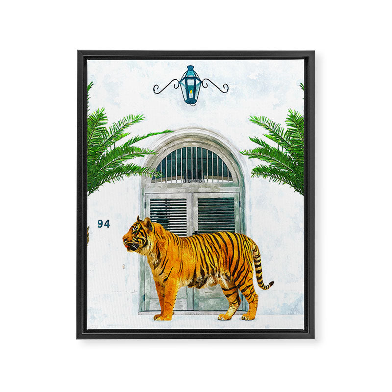 94 Tropical, Greece Architecture Buildings Tiger Wild Cat Watercolor Palm Travel Bohemian Painting Framed Canvas Print Gallery Image 6