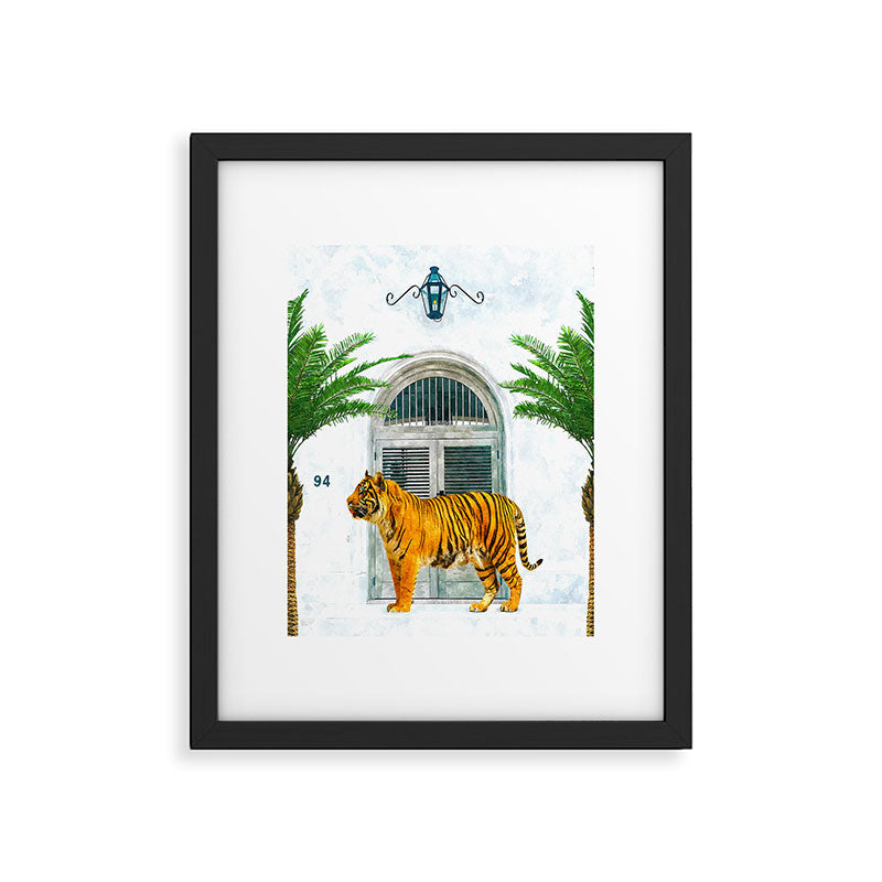 94 Tropical, Greece Architecture Buildings Tiger Wild Cat Watercolor Palm Travel Bohemian Painting Framed Art Print Gallery Image 5