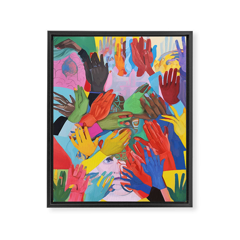 A Hand Is All We Need, Abstract Human Face Community, Humanity People Colorful Concept Positivity Framed Canvas Print Gallery Image 6