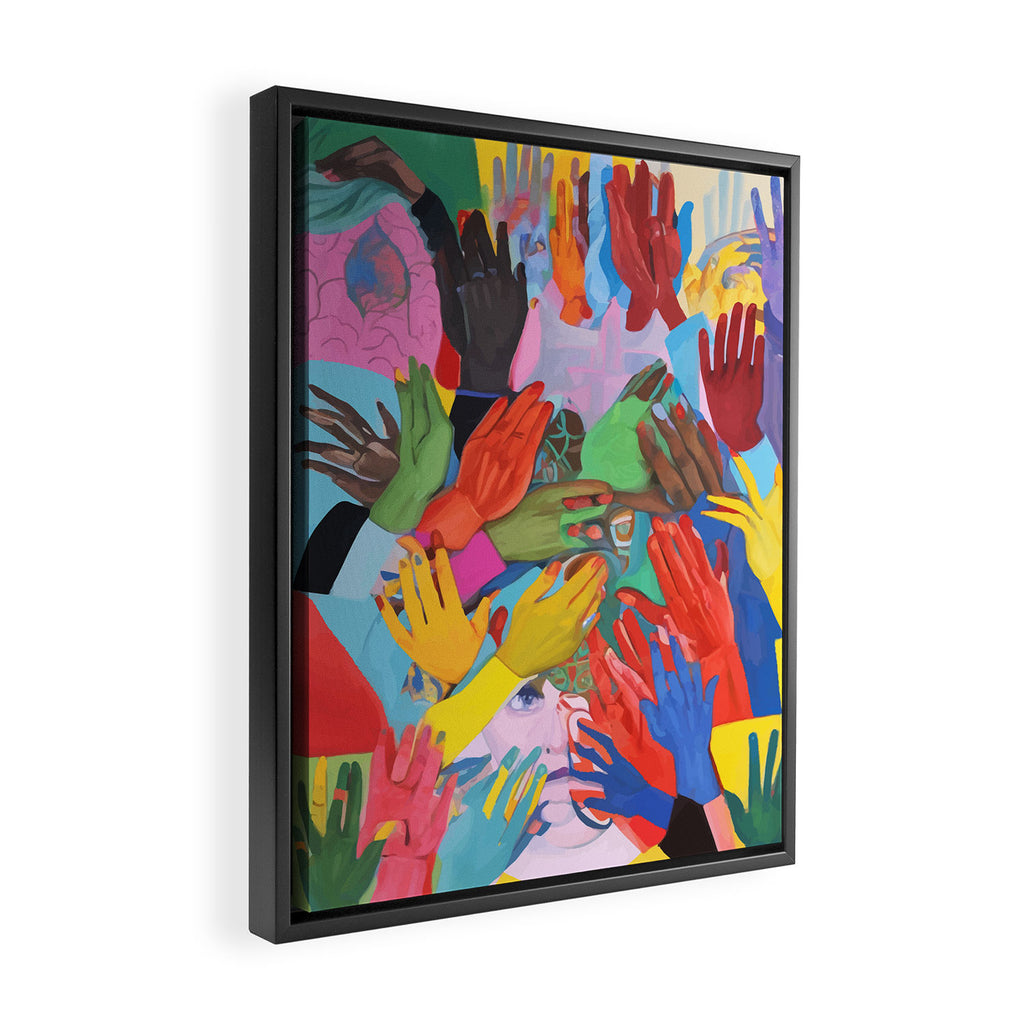 A Hand Is All We Need, Abstract Human Face Community, Humanity People Colorful Concept Positivity Framed Canvas Print Gallery Image 2