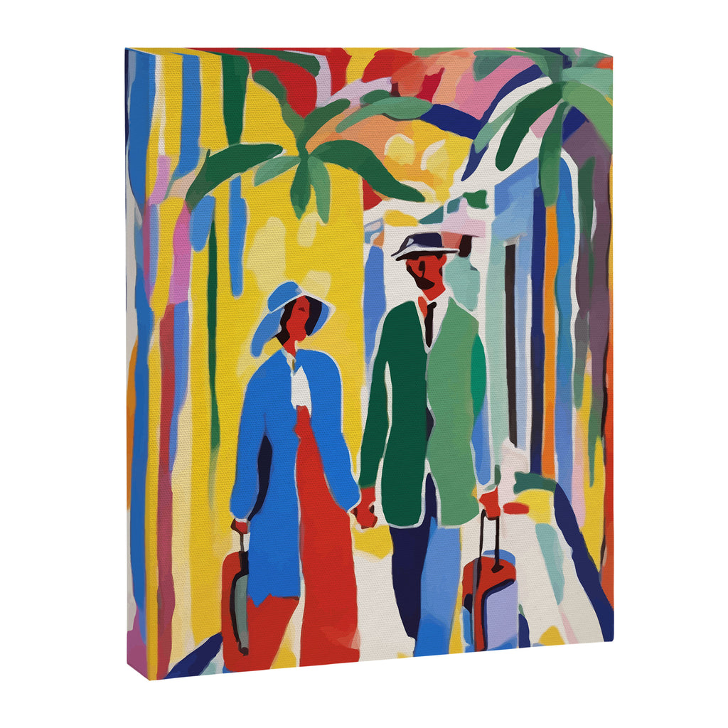 A Witness To Your Life's Journey, Tropical Travel Couple People Summer, Colorful Eclectic Bohemian Contemporary Painting Palm Trees Canvas Print Gallery Image 6
