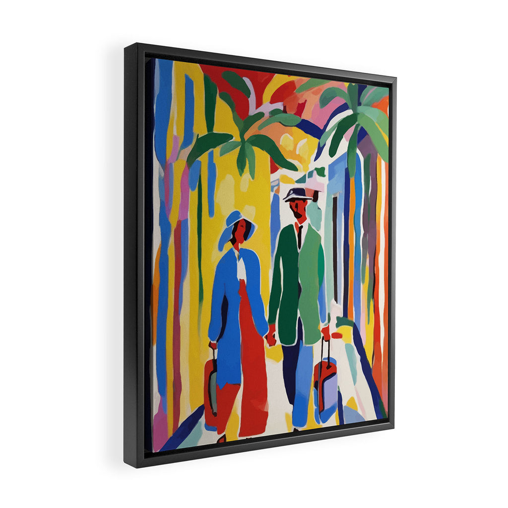 A Witness To Your Life's Journey, Tropical Travel Couple People Summer, Colorful Eclectic Bohemian Contemporary Painting Palm Trees Framed Canvas Print Gallery Image 2