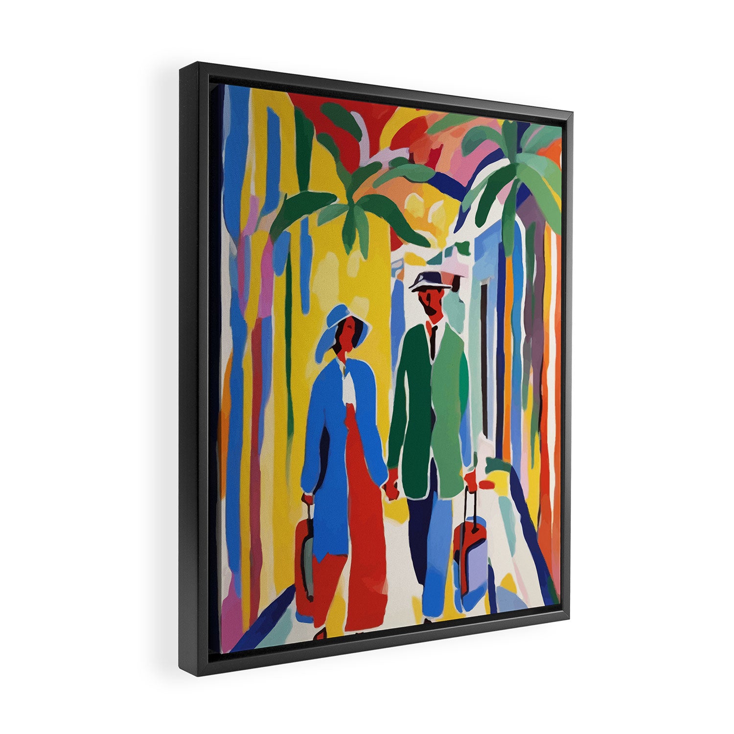 A Witness To Your Life's Journey, Tropical Travel Couple People Summer, Colorful Eclectic Bohemian Contemporary Painting Palm Trees Framed Canvas Print Gallery Image 2