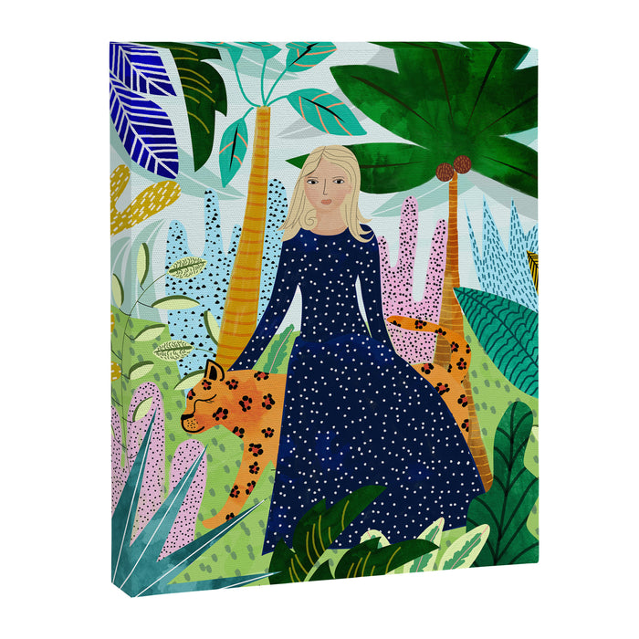 African Safari, Colorful Tropical Jungle Travel, Botanical Watercolor, Blonde Woman with a Leopard Canvas Print Gallery Image 1