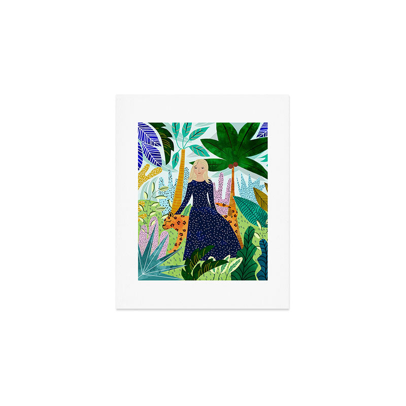 African Safari, Colorful Tropical Jungle Travel, Botanical Watercolor, Blonde Woman with a Leopard Art Print Gallery Image 1