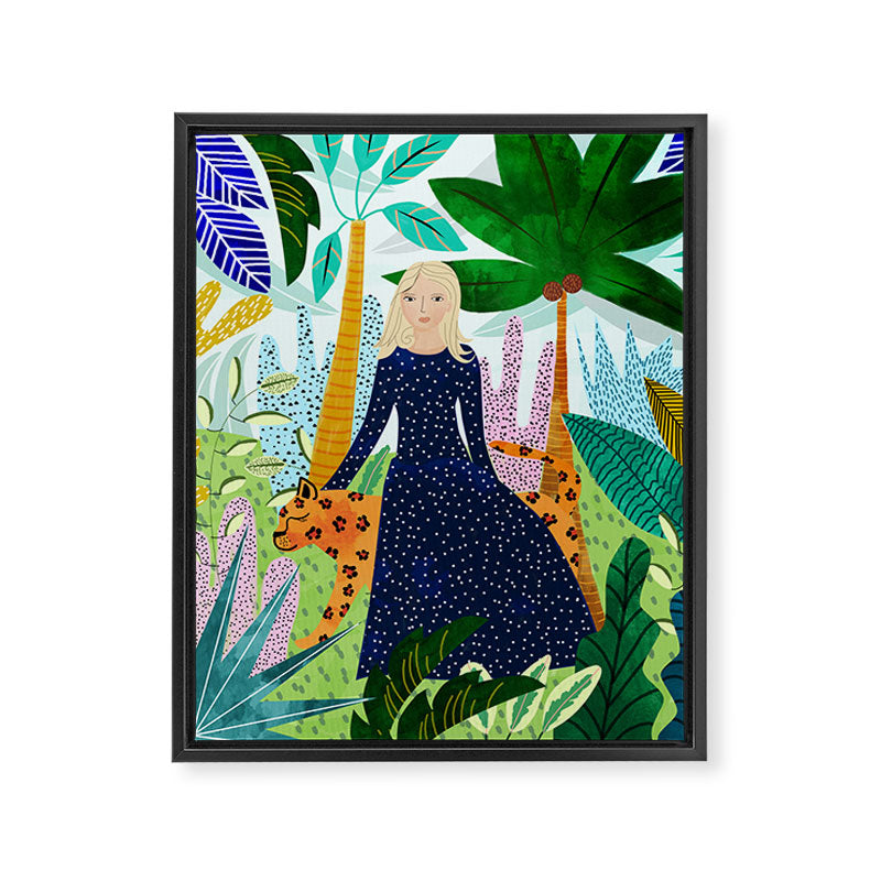African Safari, Colorful Tropical Jungle Travel, Botanical Watercolor, Blonde Woman with a Leopard Framed Canvas Print Gallery Image 6