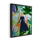 African Safari, Colorful Tropical Jungle Travel, Botanical Watercolor, Blonde Woman with a Leopard Framed Canvas Print Gallery Image 2