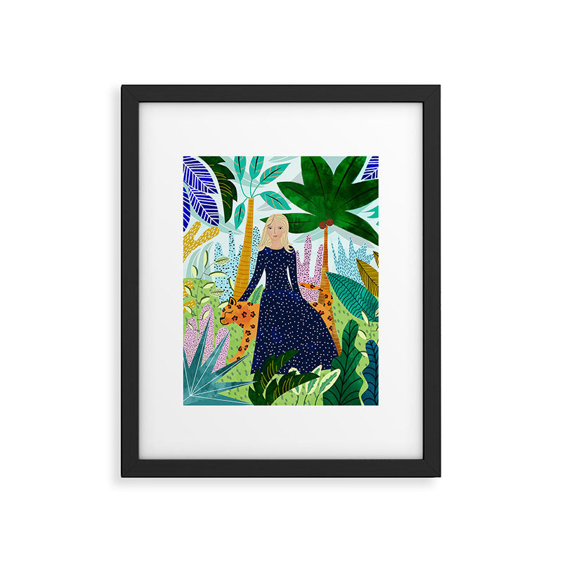 African Safari, Colorful Tropical Jungle Travel, Botanical Watercolor, Blonde Woman with a Leopard Framed Art Print Gallery Image 4