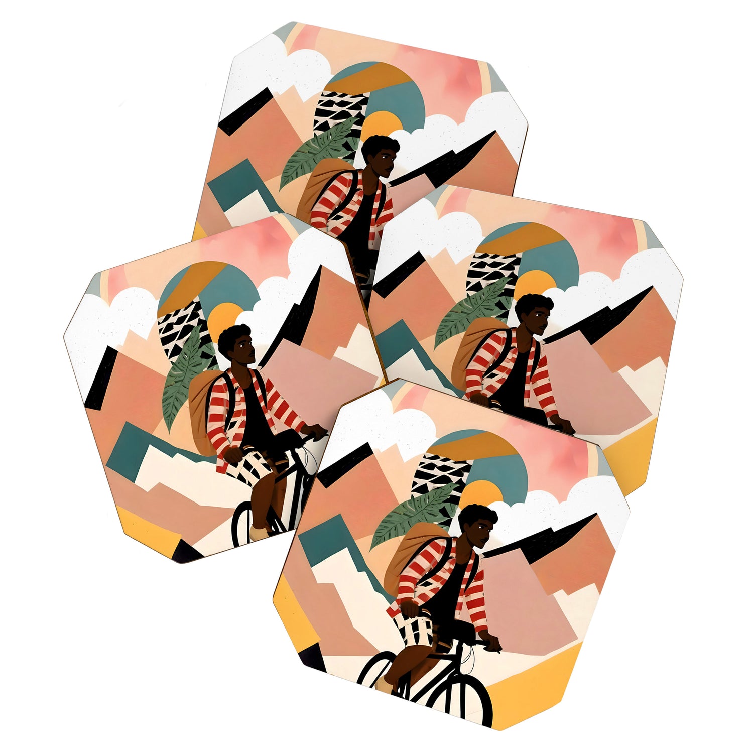 Always a Traveler, Travel Adventure Collage Nomad Lifestyle, Never Settle Explore Digital Black Man Cycling, Mountains Nature Landscape Eclectic Bohemian Contemporary Graphic  Coaster Gallery Image 1
