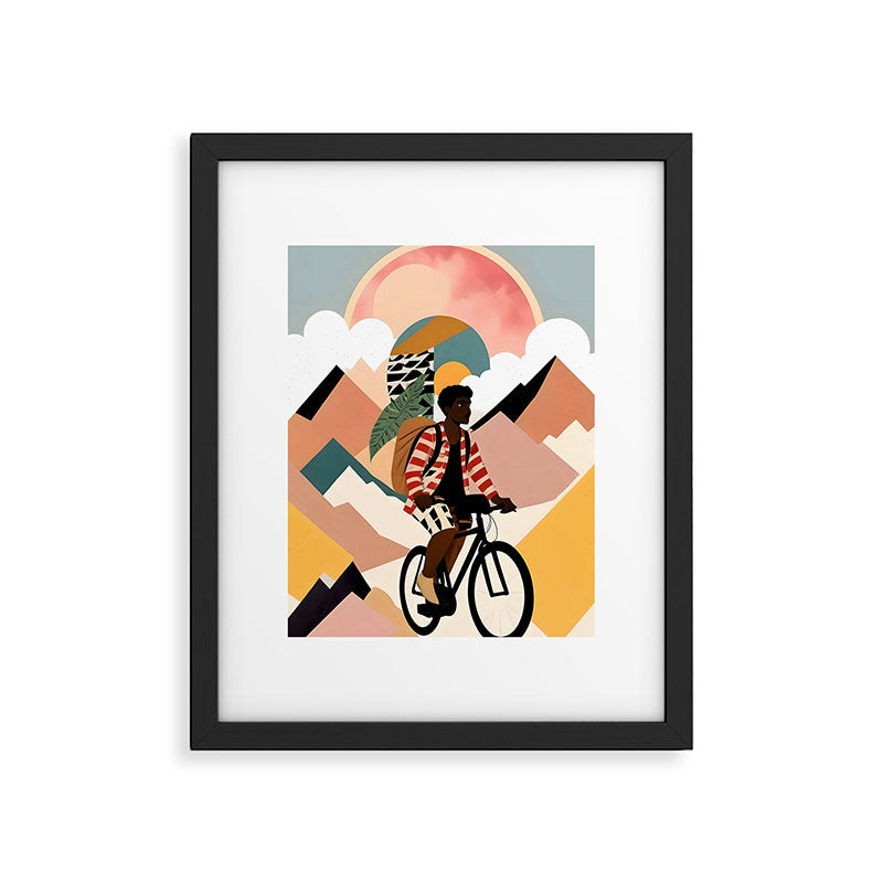 Always a Traveler, Travel Adventure Collage Nomad Lifestyle, Never Settle Explore Digital Black Man Cycling, Mountains Nature Landscape Eclectic Bohemian Contemporary Graphic  Framed Art Print Gallery Image 5