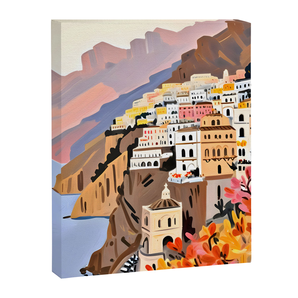 Amalfi Coast, Painting Nature Landscape Travel, Summer Romantic Scenic Pastel Colorful Places, Exotic Europe Mountains Hills Valley Beach Ocean Illustration Canvas Print Gallery Image 6