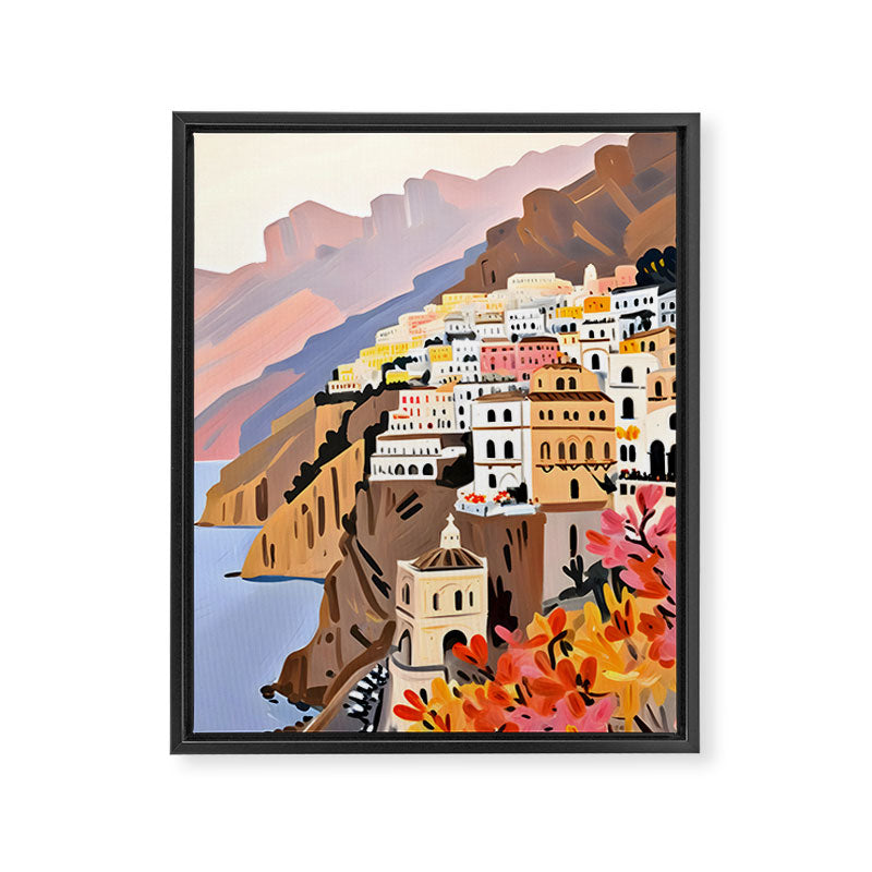 Amalfi Coast, Painting Nature Landscape Travel, Summer Romantic Scenic Pastel Colorful Places, Exotic Europe Mountains Hills Valley Beach Ocean Illustration Framed Canvas Print Gallery Image 6