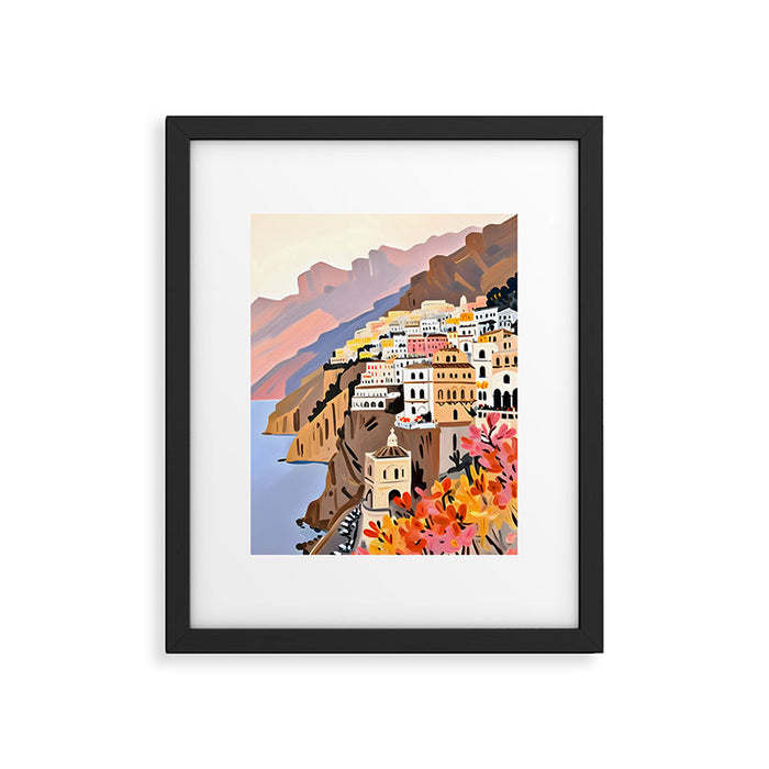Amalfi Coast, Painting Nature Landscape Travel, Summer Romantic Scenic Pastel Colorful Places, Exotic Europe Mountains Hills Valley Beach Ocean Illustration Framed Art Print Gallery Image 1