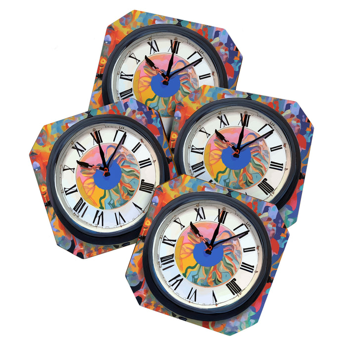 Anxiety, Mental Wellness Awareness Time, Peace of Mind Wall Clock Tower, Eclectic Roman Bohemian Colorful Painting Coaster Gallery Image 1