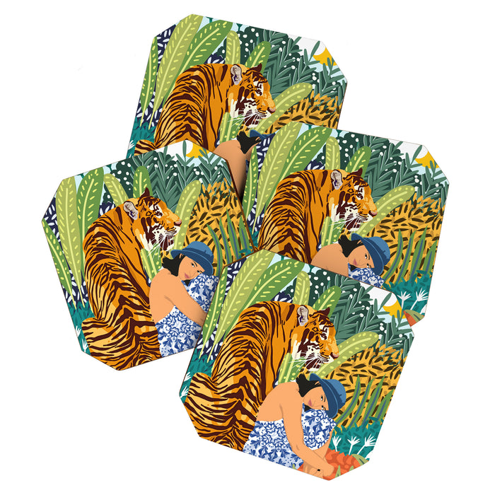 Awaken The Tiger Within Illustration, Wildlife Nature Wall Decor, Jungle Human Nature Connection Coaster Gallery Image 1