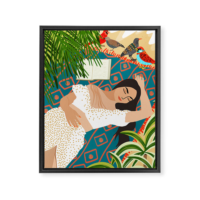 Beach. Read. Sleep. | Boho Woman Sea Beachy Travel | Summer Birds Sand Picnic Ocean Vacation Framed Canvas Print Gallery Image 1