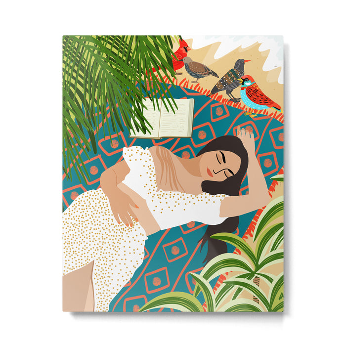 Beach. Read. Sleep. | Boho Woman Sea Beachy Travel | Summer Birds Sand Picnic Ocean Vacation Metal Print Gallery Image 1