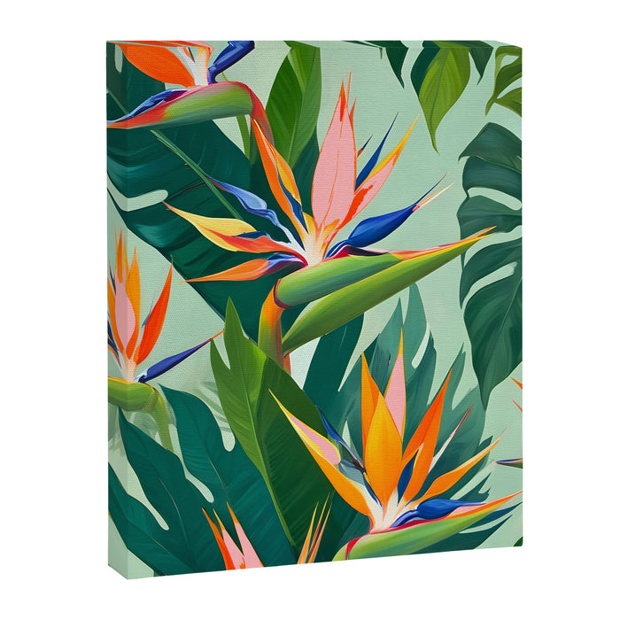 Birds in Paradise, Floral Birds of Paradise Botanical Jungle, Tropical Nature Plants Floral, Lush Green Orange Pink Exotic Forest, Garden Flowers Bohemian Painting Canvas Print Gallery Image 1