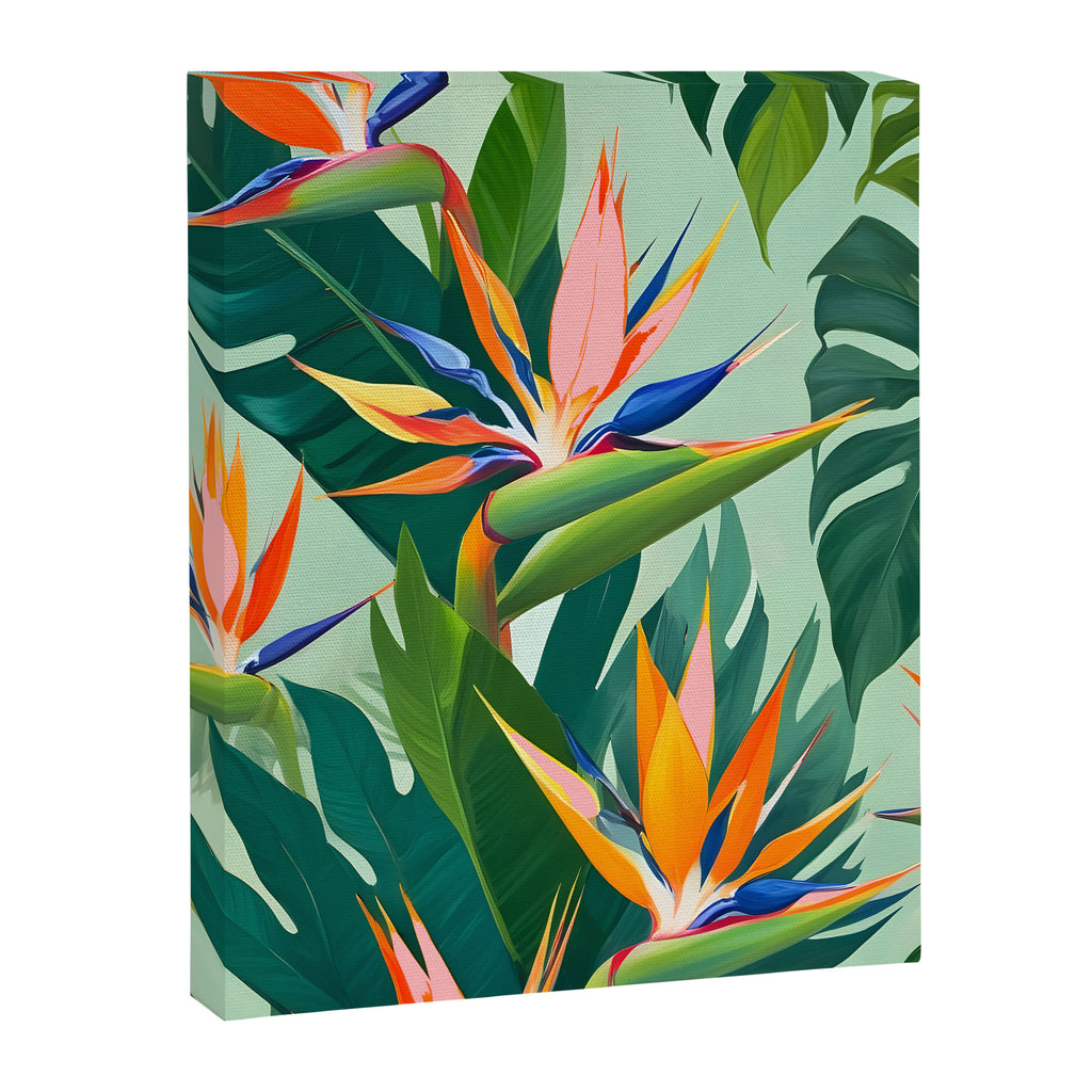 Birds in Paradise, Floral Birds of Paradise Botanical Jungle, Tropical Nature Plants Floral, Lush Green Orange Pink Exotic Forest, Garden Flowers Bohemian Painting Canvas Print Gallery Image 6
