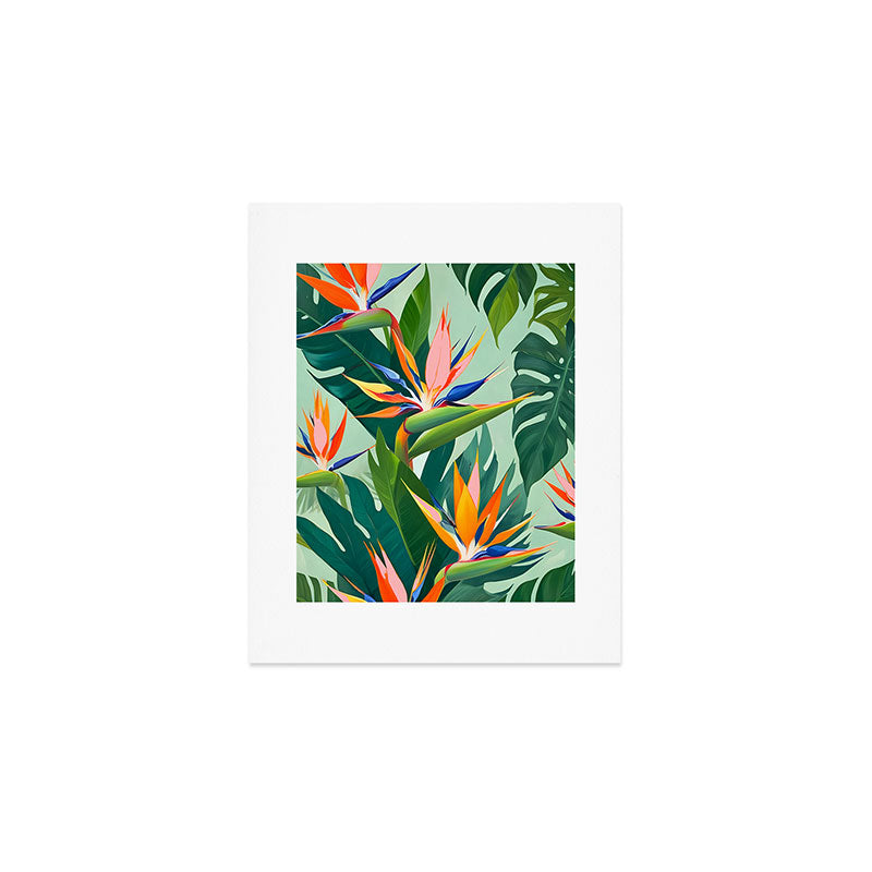 Birds in Paradise, Floral Birds of Paradise Botanical Jungle, Tropical Nature Plants Floral, Lush Green Orange Pink Exotic Forest, Garden Flowers Bohemian Painting Art Print Gallery Image 1