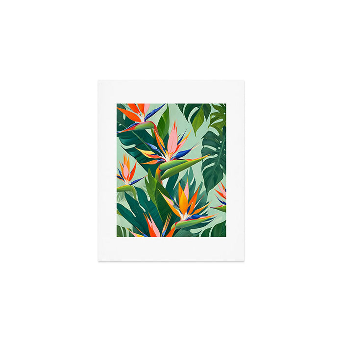 Birds in Paradise, Floral Birds of Paradise Botanical Jungle, Tropical Nature Plants Floral, Lush Green Orange Pink Exotic Forest, Garden Flowers Bohemian Painting Art Print Gallery Image 1
