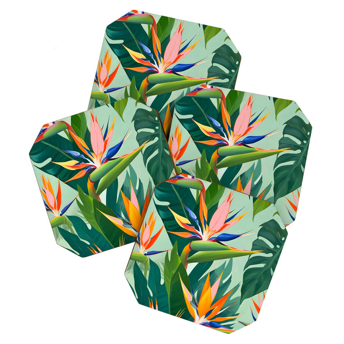 Birds in Paradise, Floral Birds of Paradise Botanical Jungle, Tropical Nature Plants Floral, Lush Green Orange Pink Exotic Forest, Garden Flowers Bohemian Painting Coaster Gallery Image 1