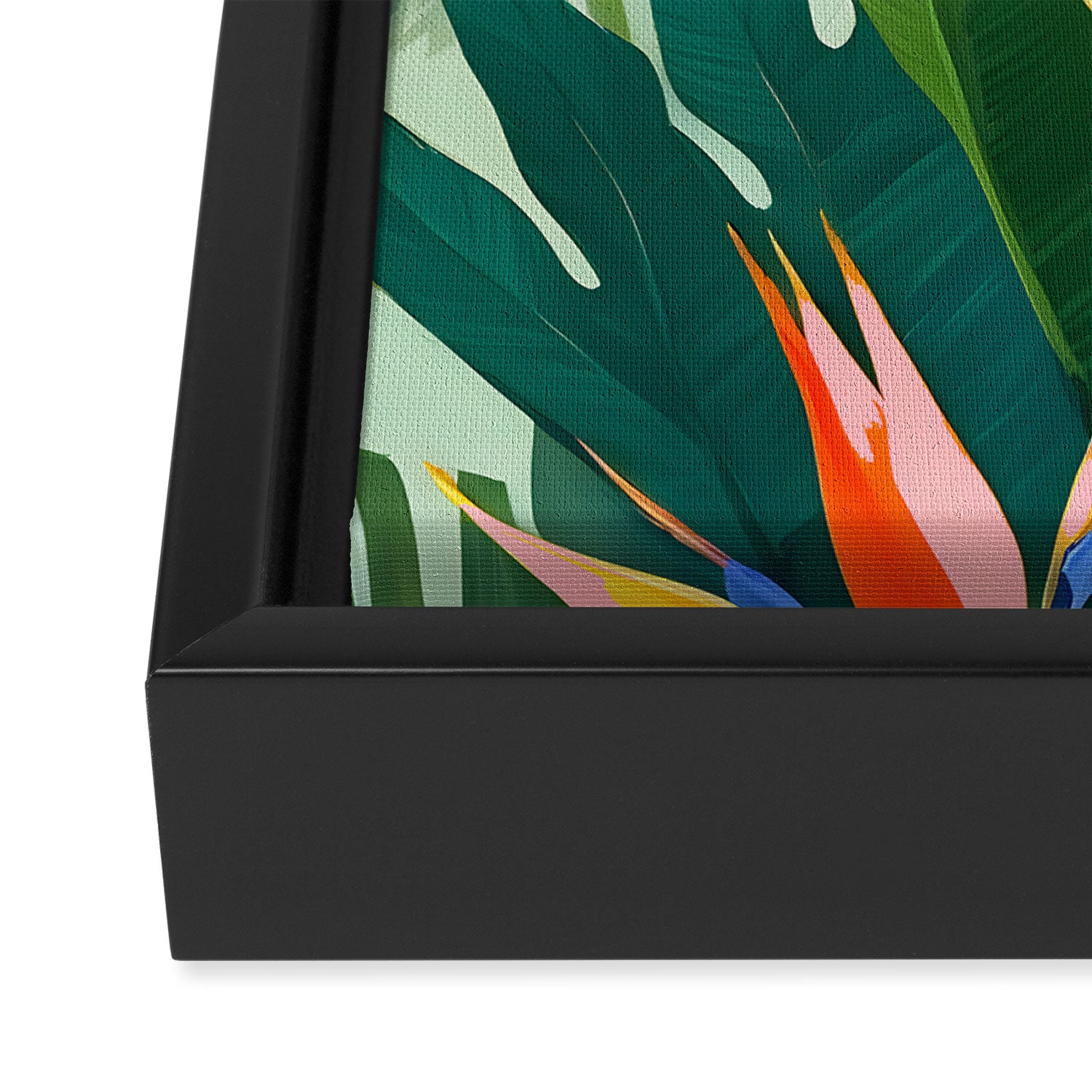 Birds in Paradise, Floral Birds of Paradise Botanical Jungle, Tropical Nature Plants Floral, Lush Green Orange Pink Exotic Forest, Garden Flowers Bohemian Painting Framed Canvas Print Gallery Image 3