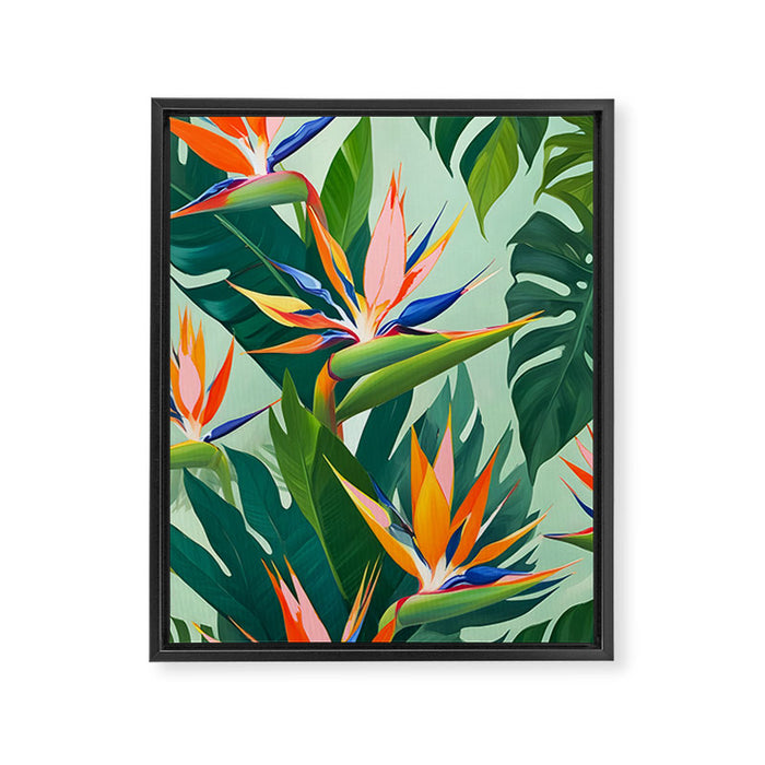 Birds in Paradise, Floral Birds of Paradise Botanical Jungle, Tropical Nature Plants Floral, Lush Green Orange Pink Exotic Forest, Garden Flowers Bohemian Painting Framed Canvas Print Gallery Image 1