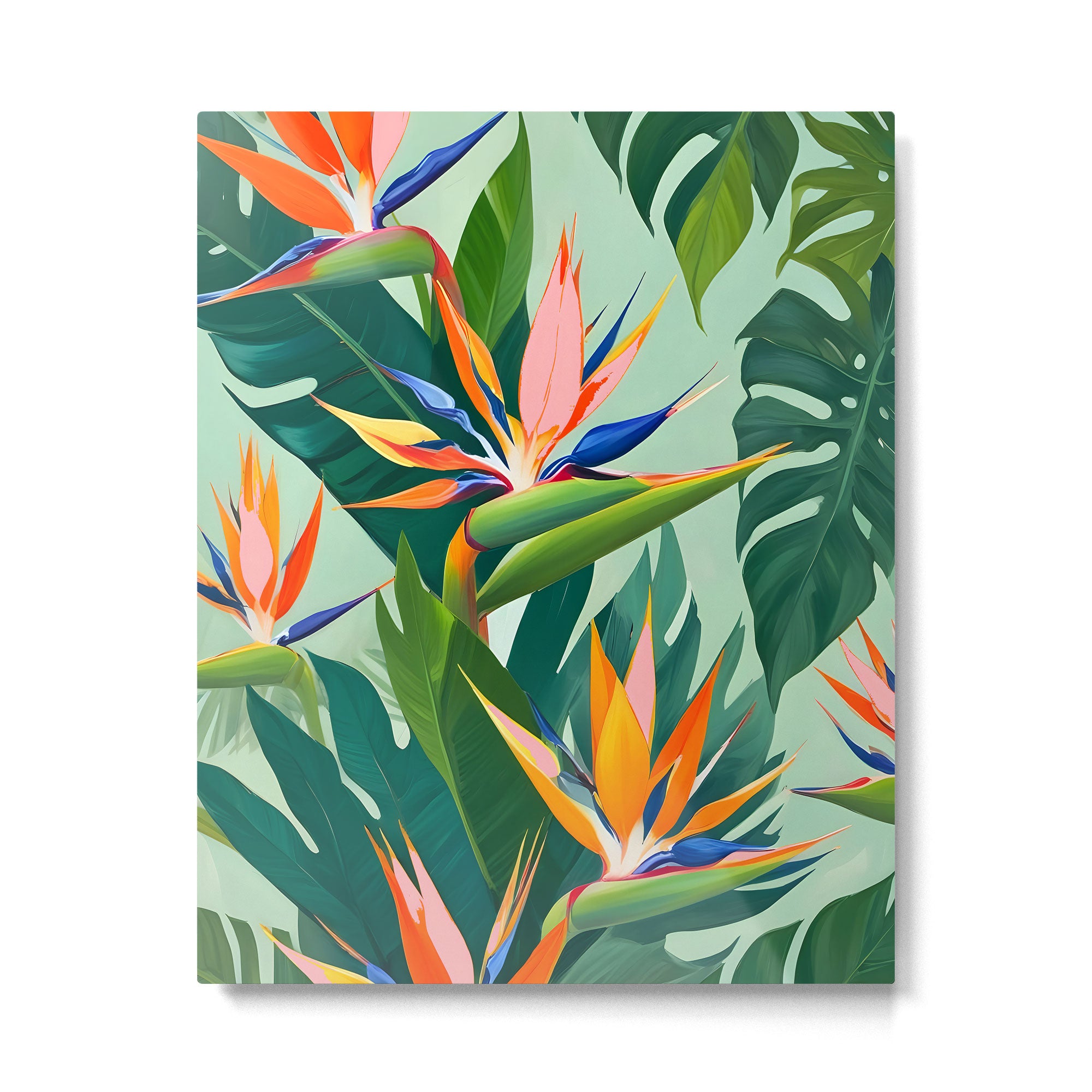 Birds in Paradise, Floral Birds of Paradise Botanical Jungle, Tropical Nature Plants Floral, Lush Green Orange Pink Exotic Forest, Garden Flowers Bohemian Painting Metal Print Gallery Image 4