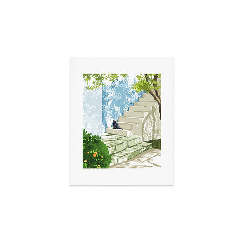 Black Cat On The Steps Poster, Greece Santorini Summer Travel Pet Painting Art Print Gallery Image 1