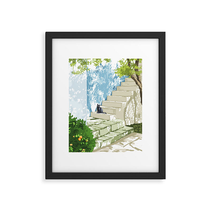 Black cat on the steps Poster, Greece Santorini summer travel pet painting Framed Art Print Gallery Image 5