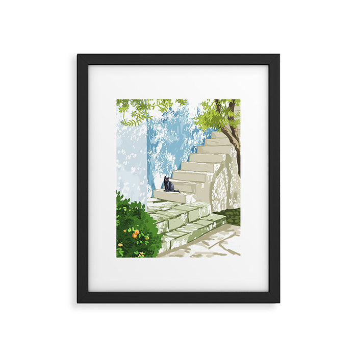 Black cat on the steps Poster, Greece Santorini summer travel pet painting Framed Art Print Gallery Image 1